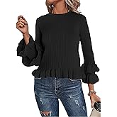 YUNLORIA Womens Fall Crew Neck Ruffle Pullover Sweaters Trendy Casual 3/4 Sleeve Ribbed Knit Sweater Tops