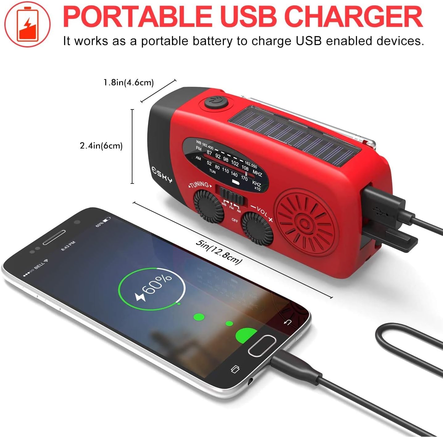 [Upgraded Version]Emergency Radio, Esky 3W LED Flashlight Hand Crank Radio, Self Powered AM/FM NOAA Weather Radio, Portable Solar Radio 1000mAh Power Bank USB Charger for iPhone/Smart Phone (Red): Electronics