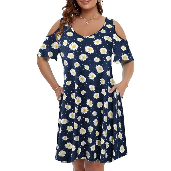 JollieLovin Women's Plus Size Cold Shoulder Sundress | V-Neck T-Shirt Dress With Pockets, Dark Purple