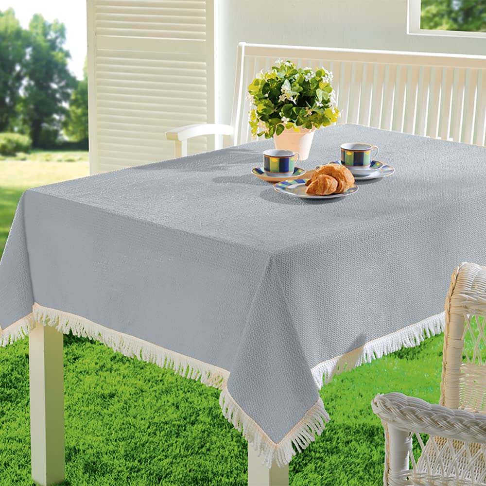EMHELLE Garden Tablecloth Garden Balcony Patio Tablecloth Camping Picnic Round Oval Square Outdoor and Indoor Waterproof Non-Slip Surface with White Fringes (130 x 160 cm, Silver Grey)