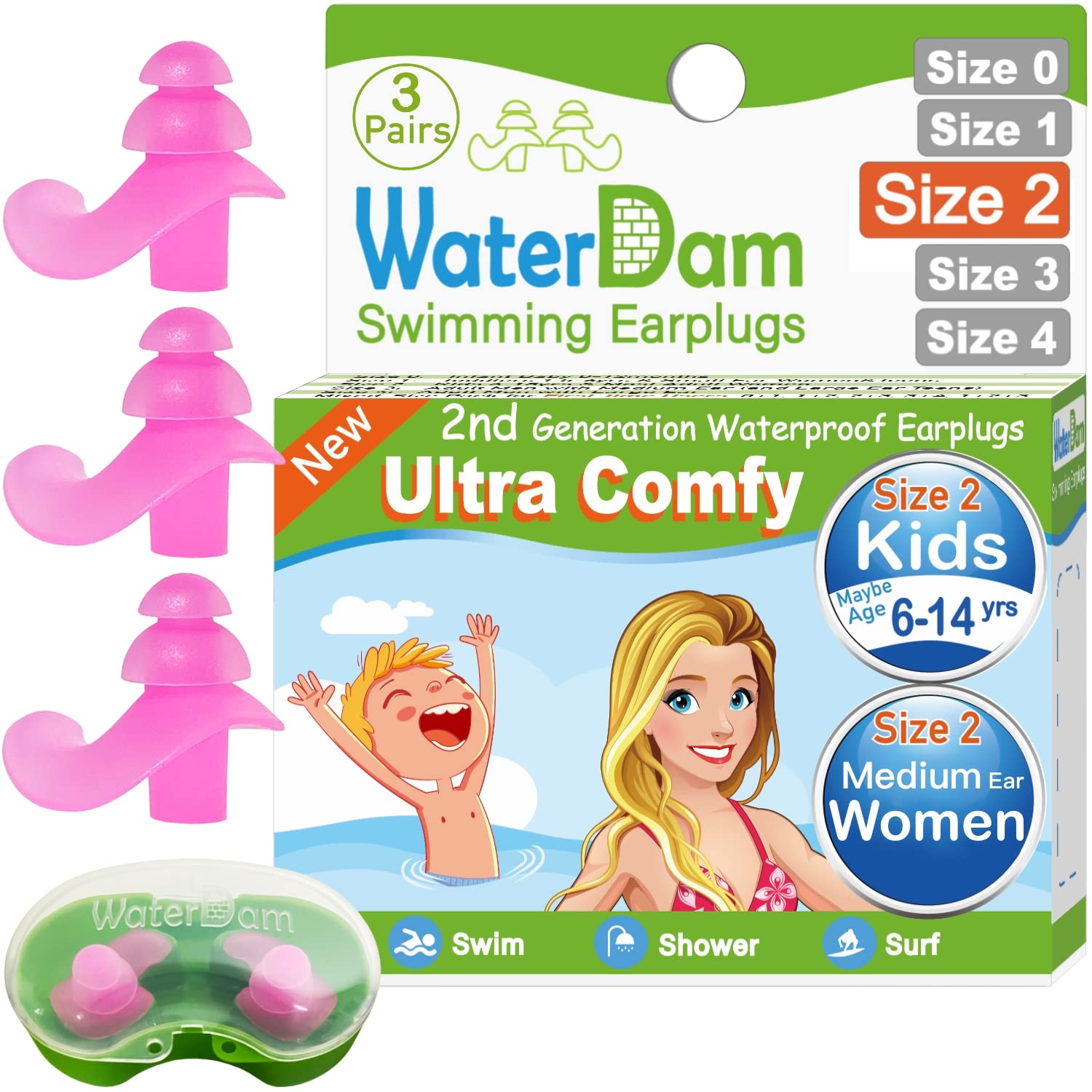 WaterDam Swimming Ear Plugs Great Waterproof Ultra Comfy Earplugs Prevent Swimmer's Ear (Size 2: 6-14yrs Kids Teens MediumEar Women SmallEar Men (3 Pairs Pink))