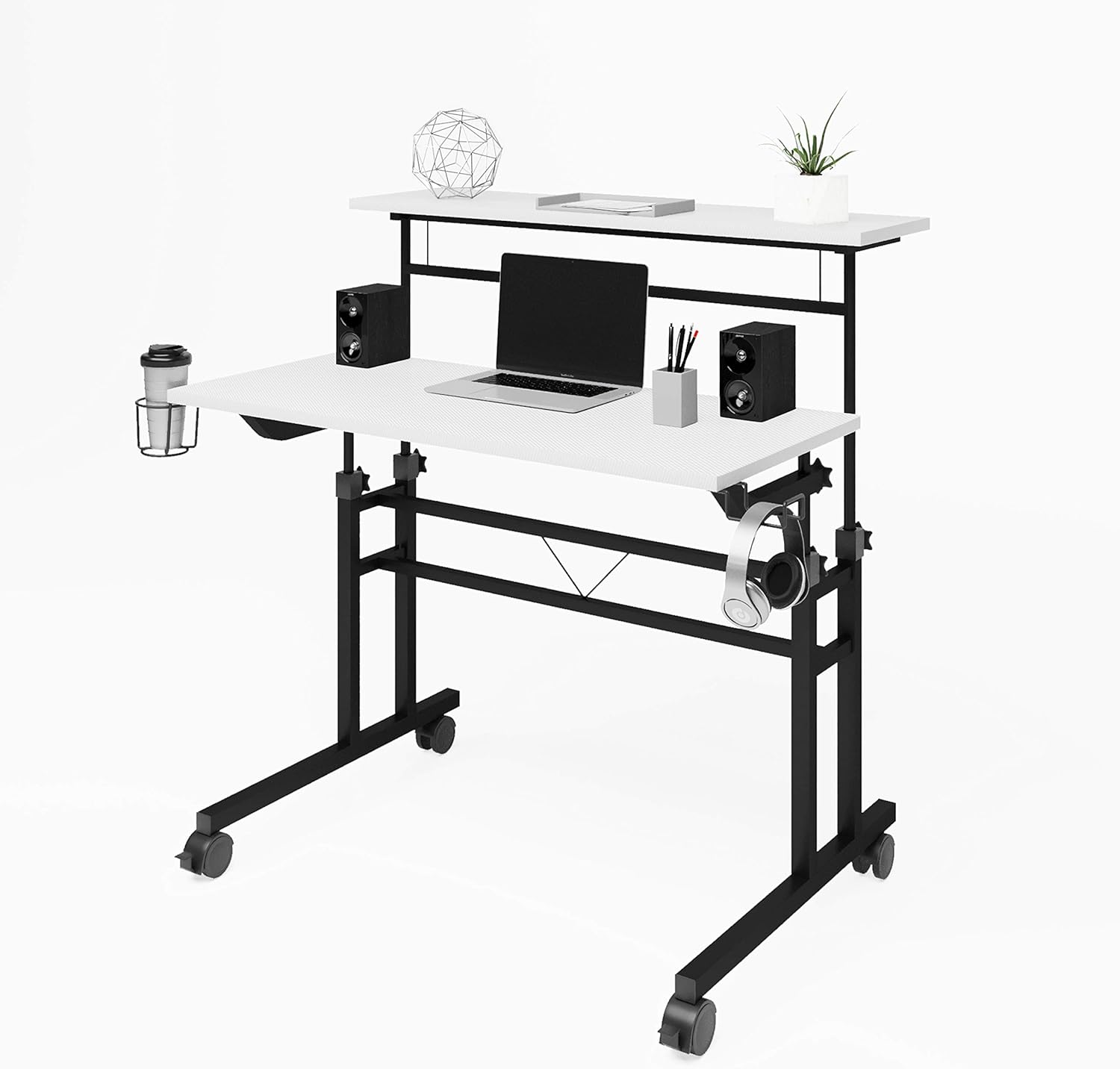 Techni Mobili Rolling Writing Height Adjustable Desktop and Moveable Shelf,White Desk: Furniture & Decor