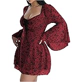 Floerns Women's Plus Size Floral Gothic Dress Flare Long Sleeve Mesh Grunge A Line Dress