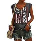 Deranex 4th of July Shirt for Women 1776 Cap Sleeve Tank Tops American Flag Summer Scoop Neck Tops
