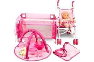 ANIVIA Baby Doll Stroller Set - Includes Stroller, Crib, Play Mat, Feeding Toy, Diaper Bag - Nursery Role Play Set (11" Doll Included)