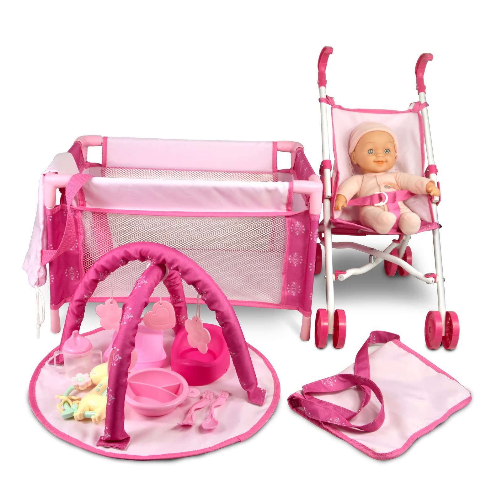 Anivia 5PCs Baby Doll Stroller Set - Baby Doll Accessories Set Includes Doll Stroller/Doll Crib/Play Mat/Feeding Toy/Diaper Bag, Nursery Role Play Set (11'' Doll Included) Pink (DB002A)