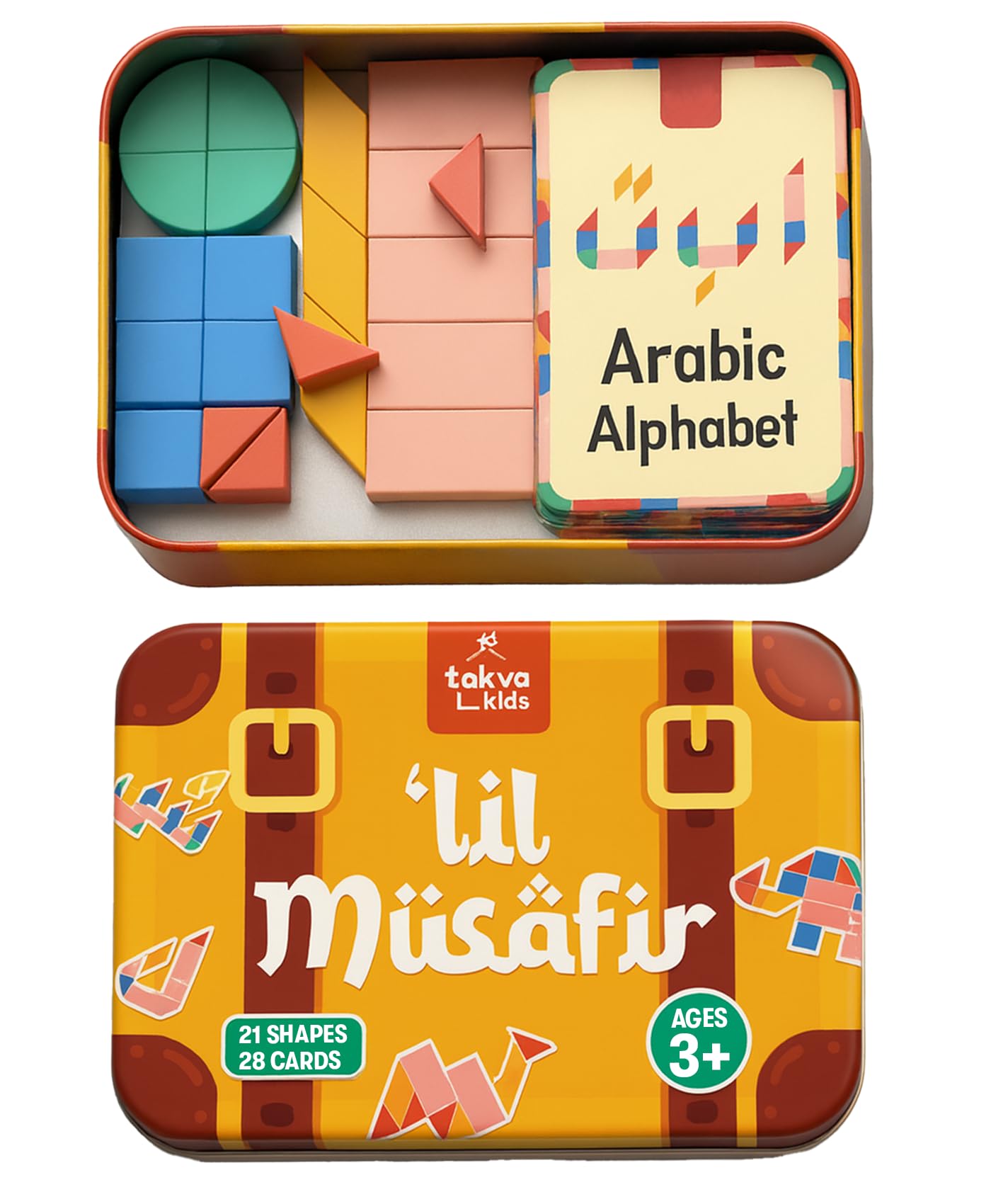 Little Musafir Arabic Alphabet Tangram Jigsaw Puzzle – Montessori Magnetic Wooden Travel Toy for Kids, 28 Arabic Letters Learning Set with Flash Cards, Quiet Screen-Free Activity for Toddlers Ages 3–6