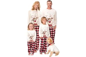 Awoscut Christmas Family Matching Pajamas Sets Christmas PJ's Letter Print Top and Plaid Pants Jammies Sleepwear