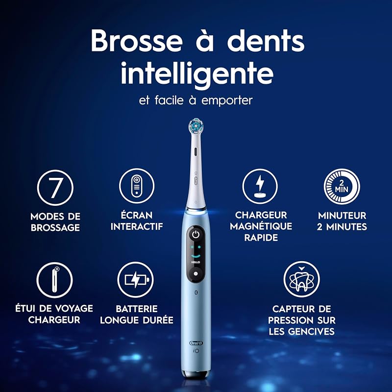 Brosse A Dents Electrique iO 9 Bleue, 7 Modes De Brossage Dont Blancheur Et Soin Des Gencives, 16 Zones De Nettoyage, Ecran Interactif, Brossette Oral B De Rechange, Etui De Voyage