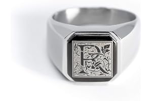 Tioneer Jewelry | Stainless Steel Letter Alphabet Initial Ring | Square Flat Top Ring for Men & Women | Stainless Steel Jewelry, (Black, Gold, Silver), Size 7-16