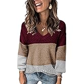 FEKOAFE Womens Sweaters 2026 Fall V Neck Long Sleeve Hollow Knit Pullover Sweaters for Women