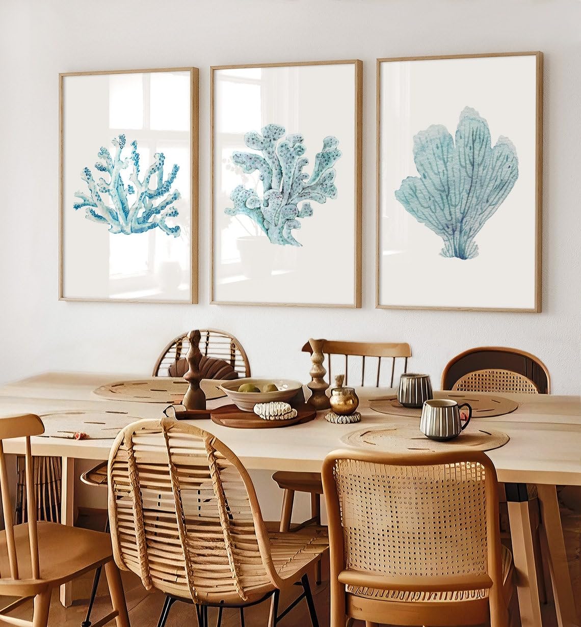 Photo 1 of 3 Piece Framed Art Prints Coral Sea Fans Poster Pictures Turquoise Blue Canvas Wall Painting for Home Beach House Coastal Decoration with Inner Frame 40x55cmx3=(16x22inchx3) 1inch=2.5cm