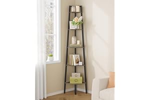 Hoctieon Corner Shelf, 5-Tier Corner Bookshelf, Rustic Ladder Shelf, Industrial Display Stand for Living Room, Kitchen, Home 