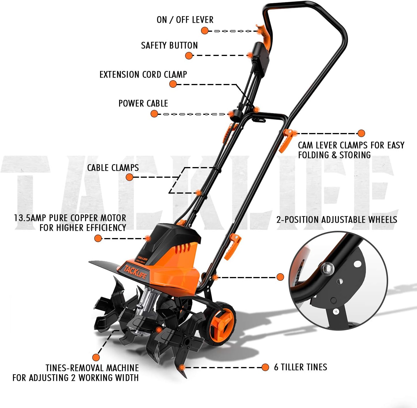 TACKLIFE Advanced Tiller, 18-Inch Electric Tiller, 13.5 Amp, Removable Blade, Adjustable Working Width(18''/12.5''), 8'' Tilling Depth, Foldable Handle, Adjustable Wheels, Tiller Cultivator - TGTL01A : Garden & Outdoor