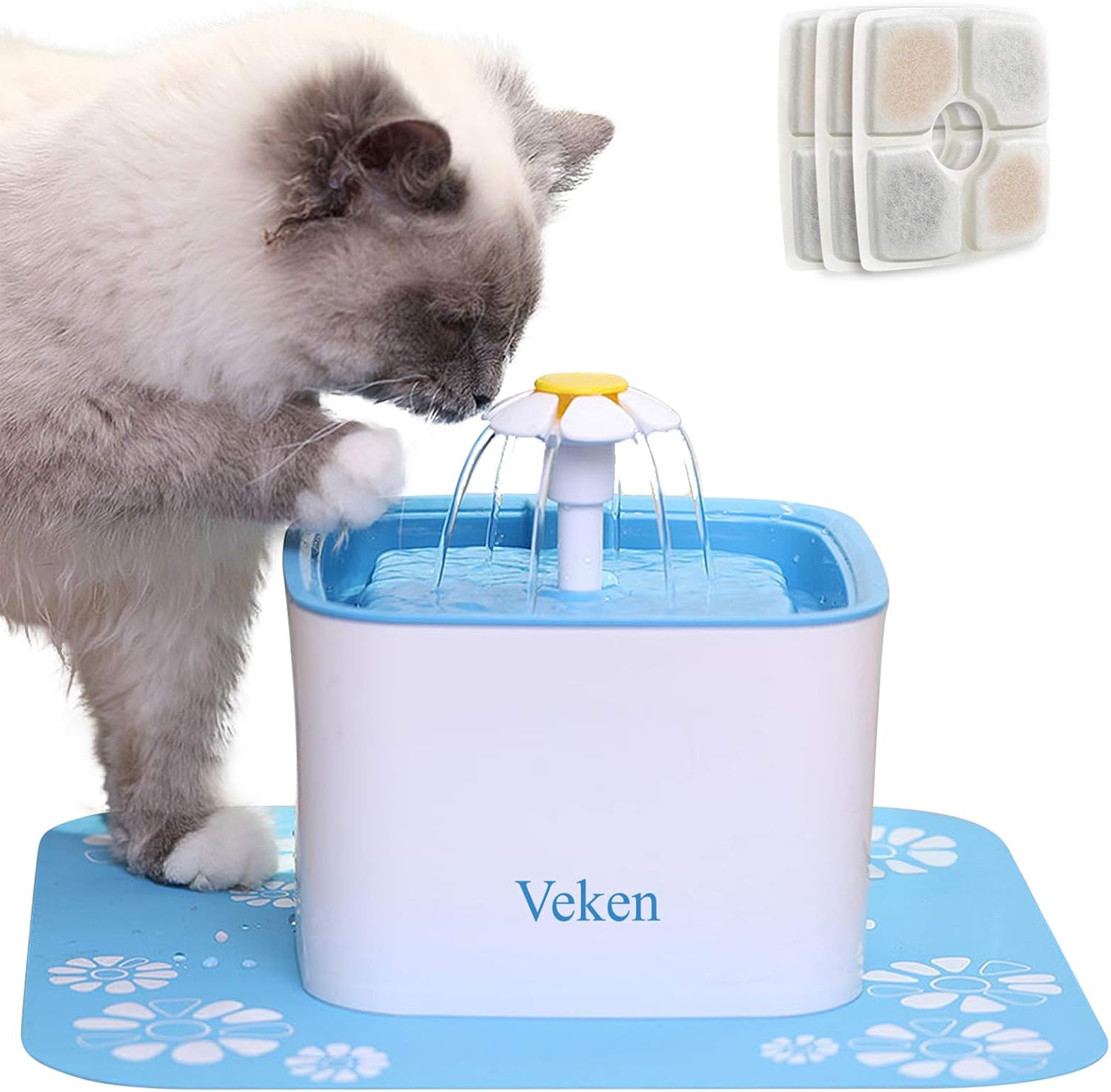 Pet Supplies : Veken Pet Fountain, 84oz/2.5L Automatic Cat Water Fountain Dog Water Dispenser with 3 Replacement Filters & 1 Silicone Mat for Cats, Dogs, Multiple Pets, Blue : 
