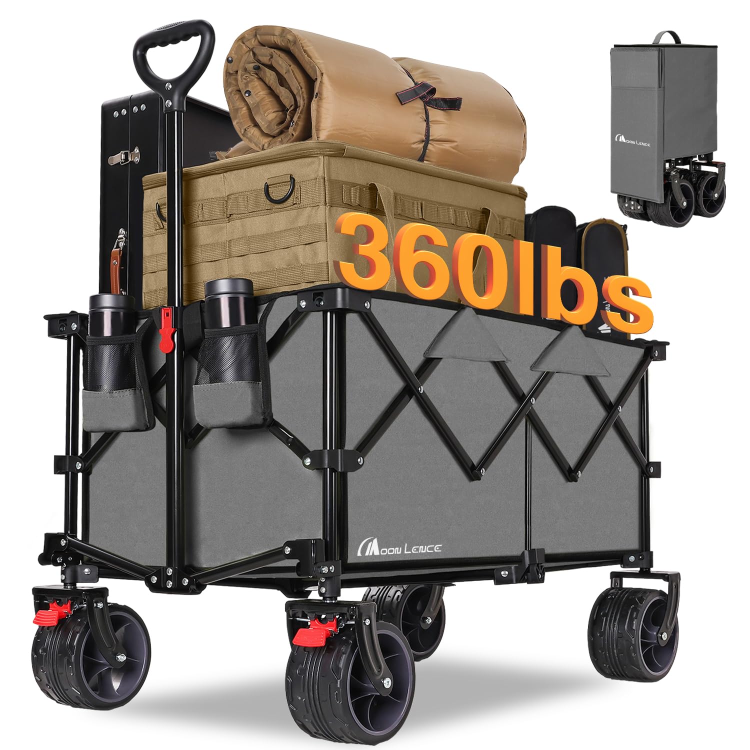 Moon Lence Collapsible Folding Wagon Cart Heavy Duty Folding Garden Portable Hand Cart with All-Terrain Beach Wheels, Adjustable Handle (Grey) Image