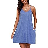Marvmys Womens Cotton Sleeveless Nightgown Spaghetti Strap V Neck Full Slip Sleep Dress with Pockets