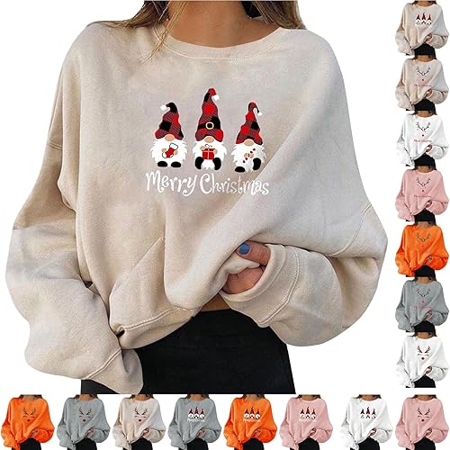 Nuaoxyeu Long Jumpers for Women UK Womens Christmas Jumpers Funny Santa Print Xmas Sweatshirt Crew Neck Long Sleeve Pullover Baggy Lightweight Pullover Soft Oversized Ladies red Jumper