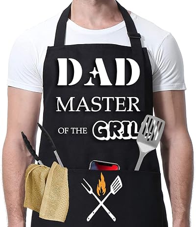 FunChaos Black Waterproof BBQ Apron for Men Dad Adjustable Pockets Grilling