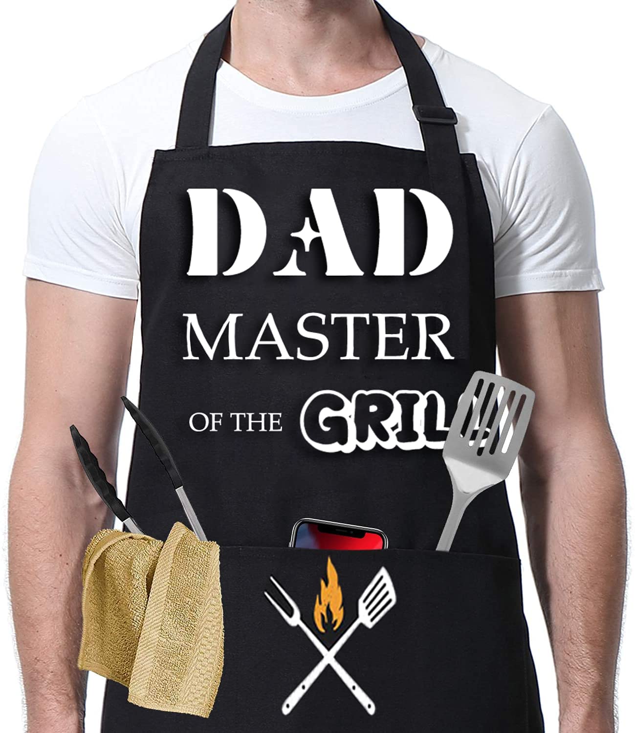 FunChaos BBQ Apron for Men, Dad's Apron, Black Waterproof Apron, Adjustable Chef Apron with 2 Pockets, Personalised Apron for Grilling Cooking Kitchen, Gifts for Men Dad Husband Boyfriend (DAD Apron)
