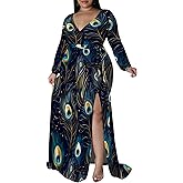 SUZONANA Plus Size Dresses for Women Floral Print Maxi Dress Slit Flowy Long Sleeve with Belt