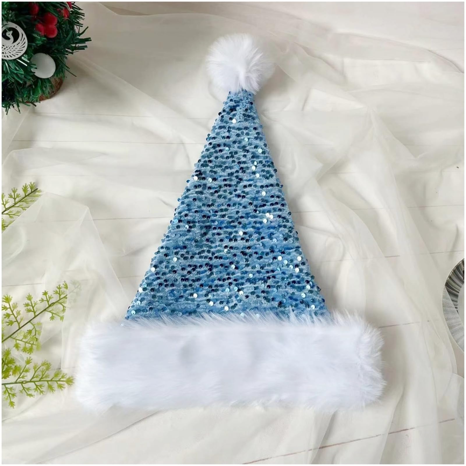 Lake Blue Santa Hat Christmas Hats for Kids and Adults,Shiny Sequin Xmas Hat Unisex Classic Velvet Xmas Holiday Hat,Thicken Luxury Plush Santa Hats Santa Claus Hats for Xmas New Year Party Supplies — image 1
