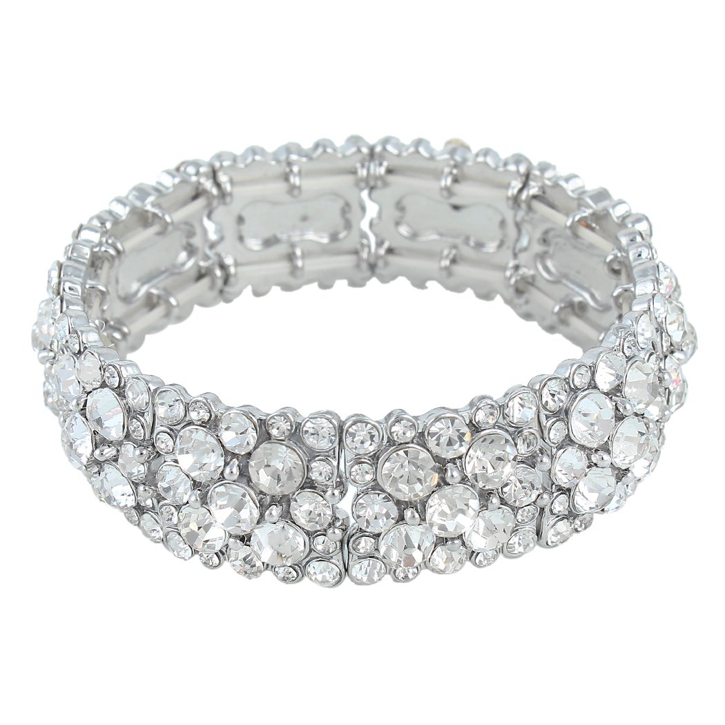 Ever Faith Wedding Bracelets for Bride, Sparkly Rhinestone Crystal Adjustable Elastic Stretch Bracelet Costume Statement Prom Jewellery for Women Girls Clear Silver-Tone — image 1