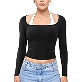 YEOREO Long Sleeve Workout Tops for Women Square Neck Slim Fitted Double Lined Compression Shirt Basic Casual Gym Yoga Tops
