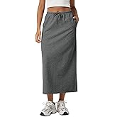 ODODOS Women's Back Split Midi Skirt - Cotton French Terry Drawstring Tie High Waist Casual Long Pencil Skirts with Pockets