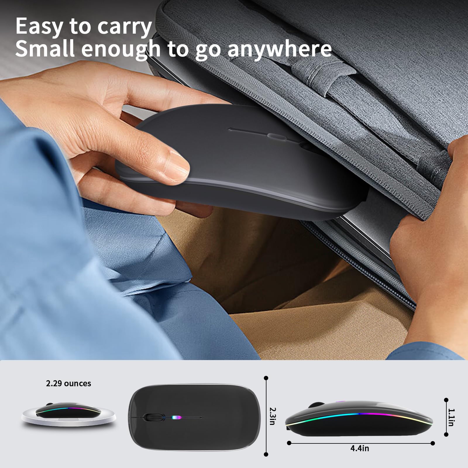 KANMABPC Wireless Bluetooth Mouse – Rechargeable, Silent, Dual Mode (Bluetooth 5.2 & USB) with LED Lights – Portable for Laptop, Desktop, & Tablet(Grey)