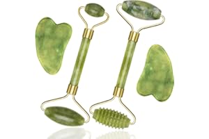 LFRANK 4 Pieces Jade Roller Facial Ridged Roller Kits Skin Roller with Gua Sha Scraping Massage Tools Anti Aging and Wrinkles