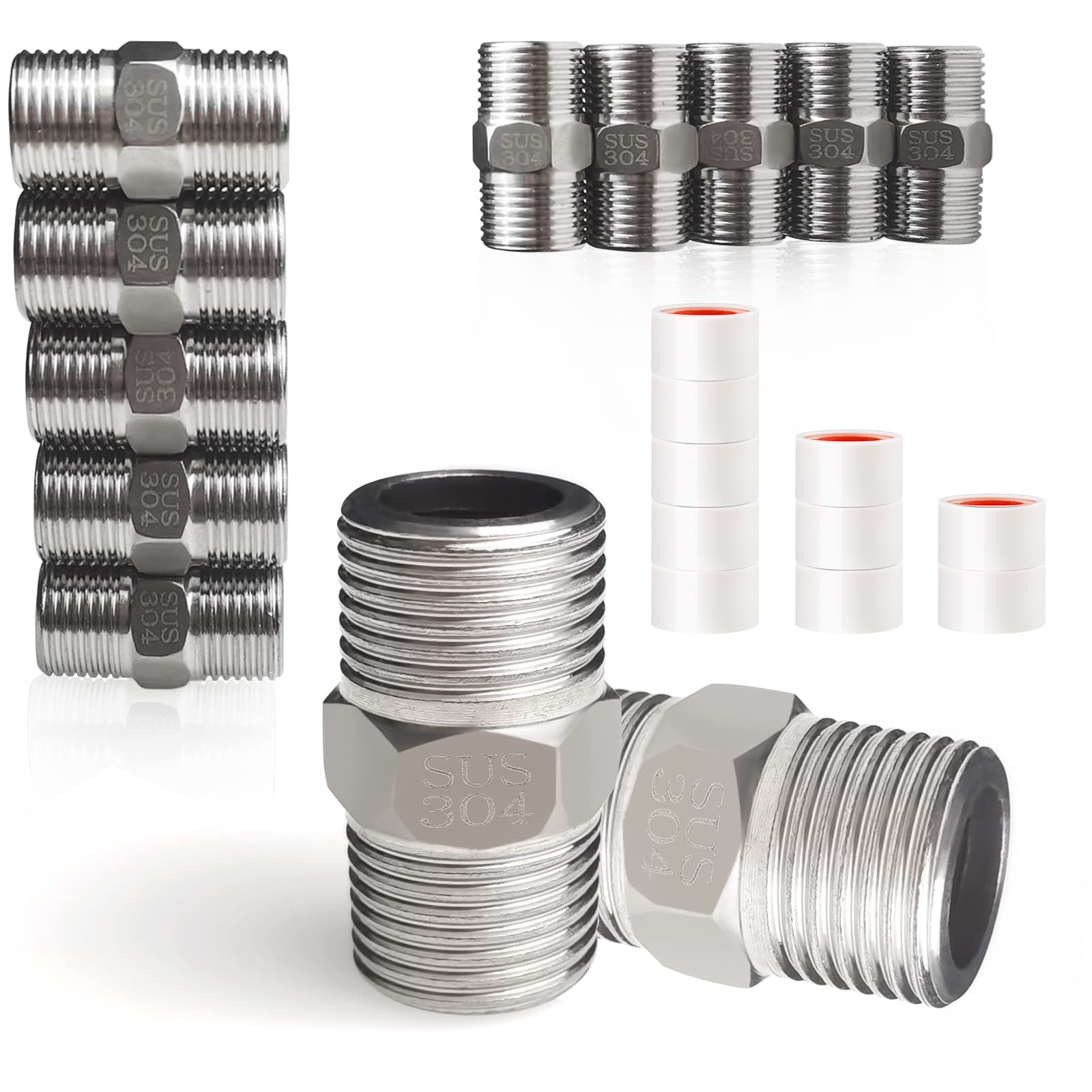 GZhaizhuan Pack of 10 Hex Double Nipple Male Thread, Stainless Steel 304 1/2 Inch Thread Fitting for Connecting Pumps to the Water Hose Plug System
