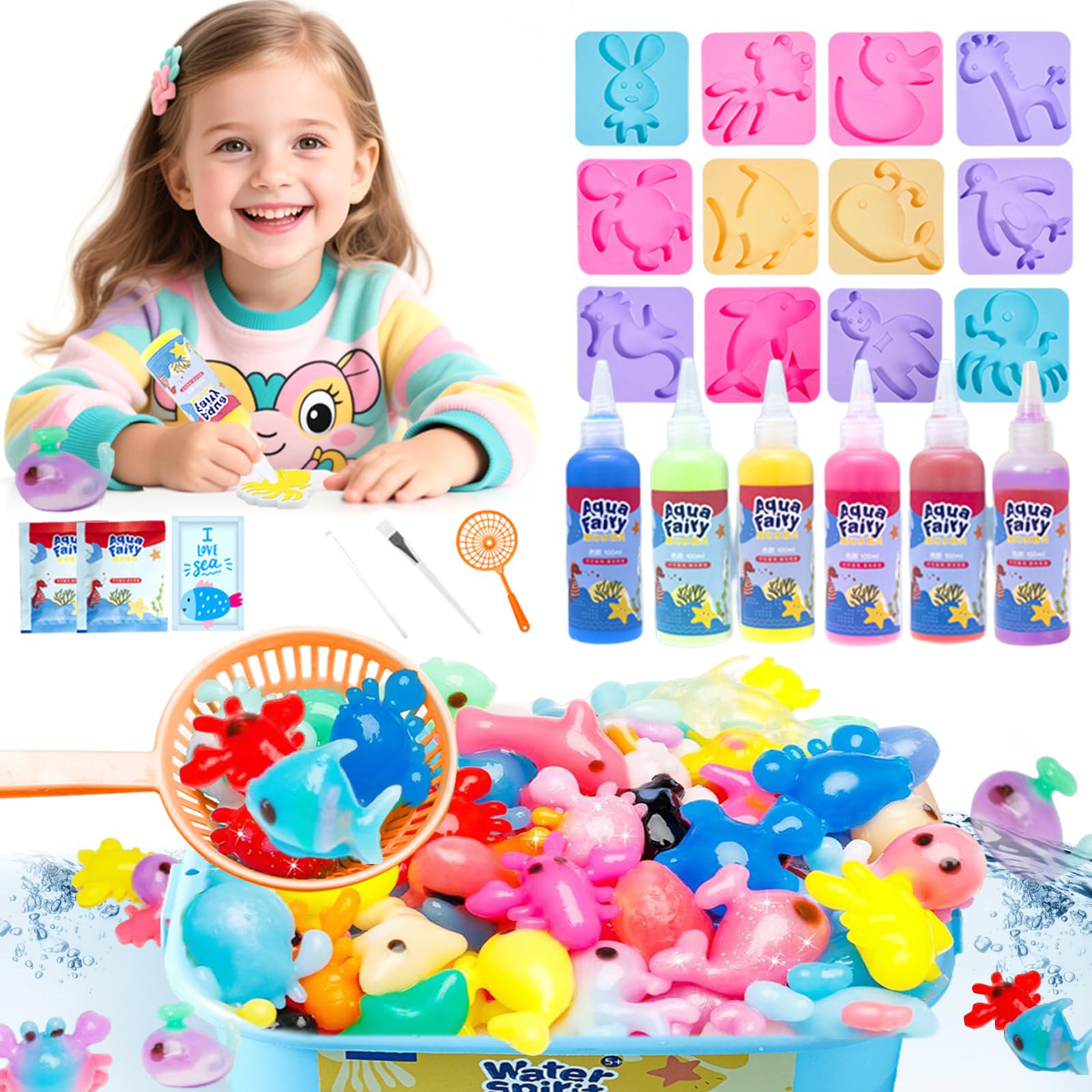 Balakaka Aqua Fairy Water Gel Kit - 3D DIY Magic Aqua Elf Craft Set for Kids Age 5-8 - Creative Art Supplies with 6 Coloured Gels & 12 Moulds - Educational STEM Toy Gift for Girls Boys