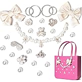 Fabric Bow Charms for Rubbet Totes Women, Pearl Chains, Accessories Charms Compatible with Bogg Bag, Insert for Beach Bags