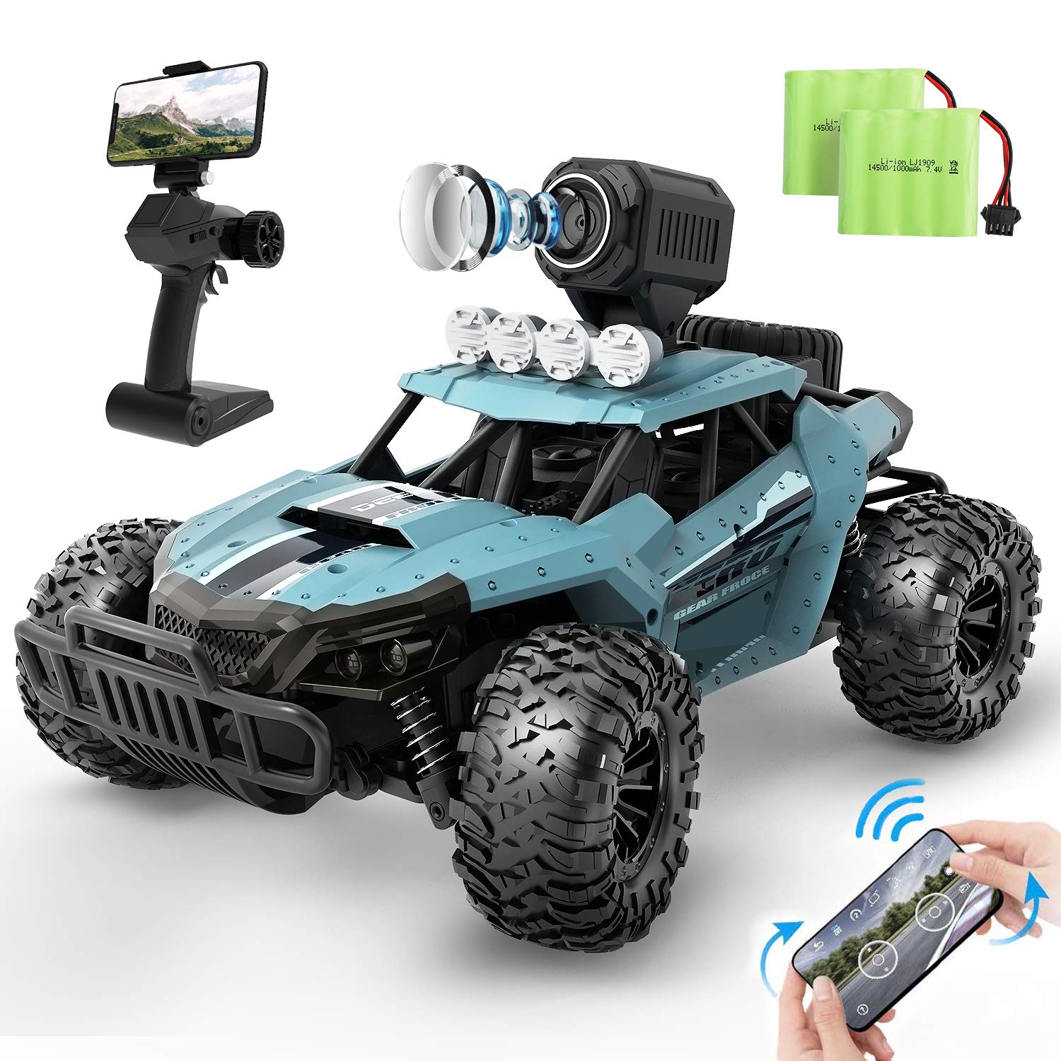 DEERC RC Cars DE36W Remote Control Car with 720P HD FPV Camera, 1/16 Scale Off-Road Remote Control Truck, High Speed Monster Trucks for Kids Adults 2 Batteries for 60 Min Play, Gift for Boys and Girls