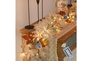 BLOSMON Fall Leaves Garland for Mantle: 6ft Fall Garland with 40 LED Lights - 8 Lighting Modes with Remote Timer - White Maple Leaf Autumn Garlands for Railing Outdoor - Thanksgiving Home Decor