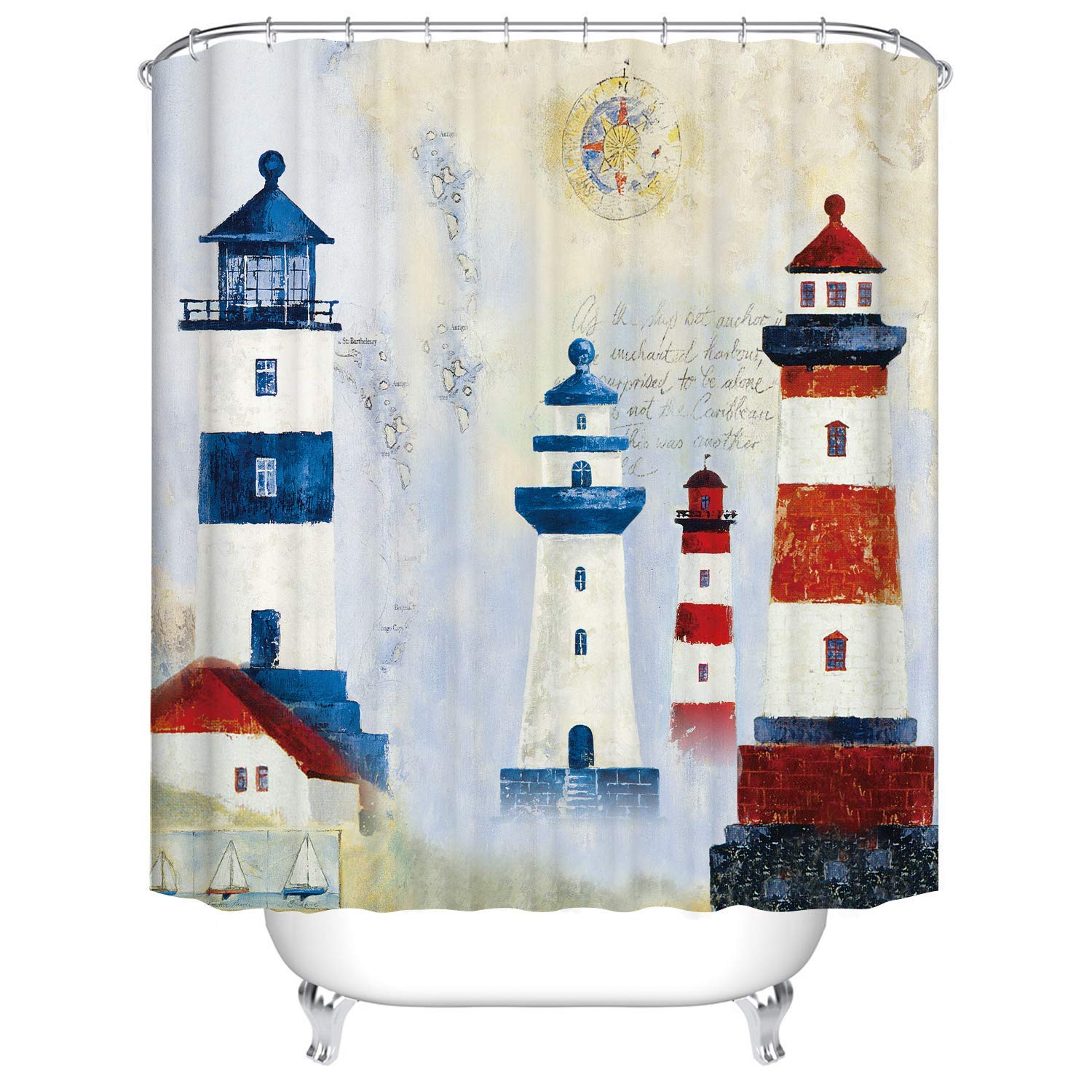 JOOCAR Design Shower Curtain, Vintage Nautical Lighthouse Blue White Red, Waterproof Cloth Fabric Bathroom Decor Set with Hooks