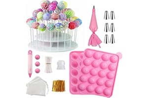 HiYZ Cake Pop Maker Kit, 20 Cavity Silicone Cake Pop Mold Set, 3-Tier Cake Stand, Decoration Pen with 6 Piping Tips, 100pcs Bags,Twist Ties, Lollipop Sticks,Suit for Party,Christmas