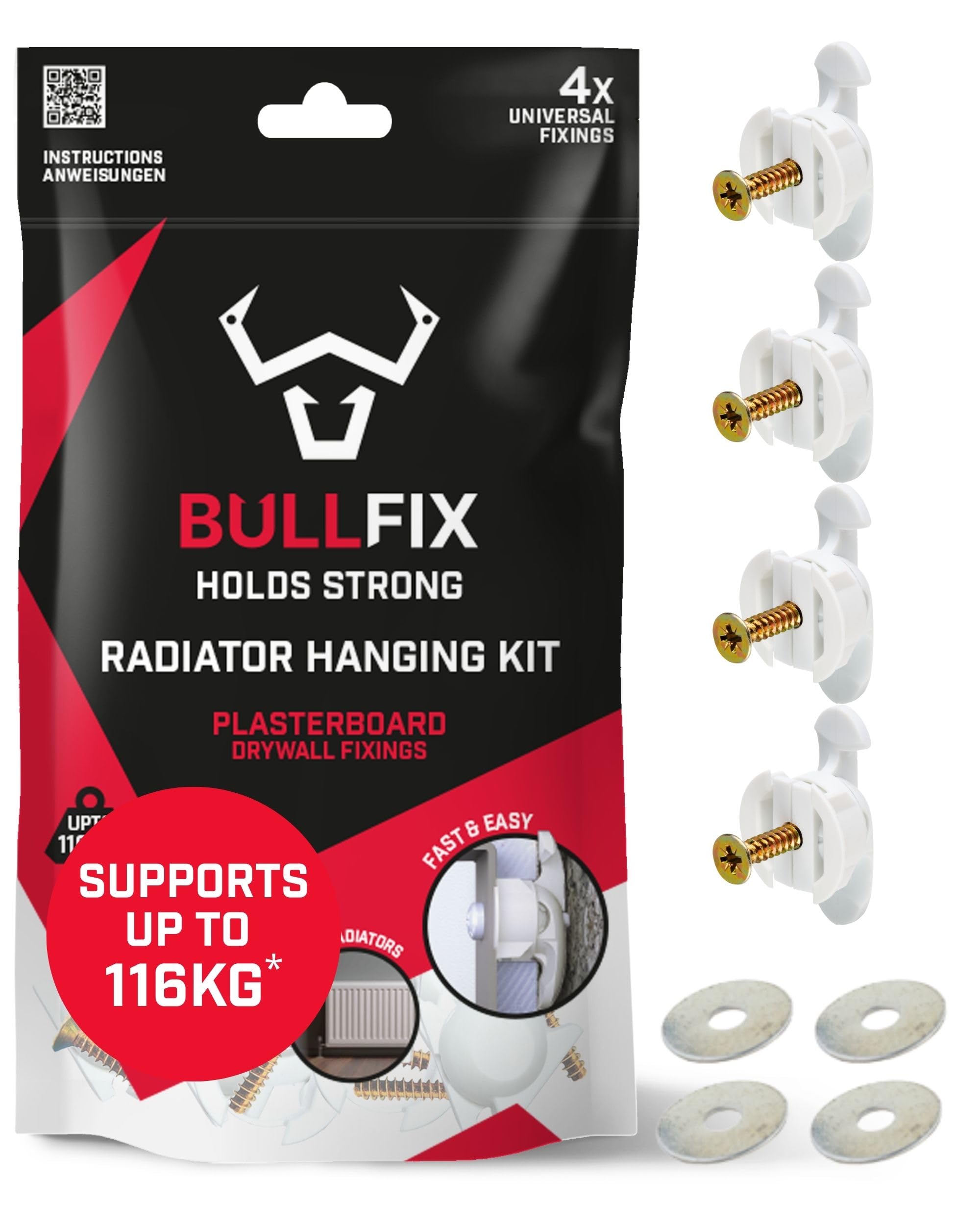 Bullfix Radiator Fixing Kit - Heavy Duty Plasterboard Fixings for Radiators - 4 Bullfix Universal Fixings with Collars, 4 Washers and 4 5mm x 20 mm Screws, Vertical/Horizontal Radiator Mounting Kit