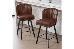 SAECKBERG Swivel Counter Height Bar Stools Set of 2, 26'' Modern Barstools with Backs and Metal Legs, Upholstered Bar Chairs, Faux Leather Brown Stools for Kitchen Island Chairs