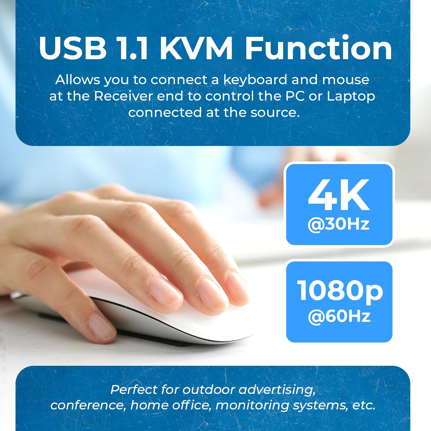 OREI KVM 4K HDMI Extender Balun Over Single CAT6/7 Ethernet Cable 4K,30Hz Upto 130 Feet - 2 USB 1.1 Ports, Supports Keyboard and Mouse