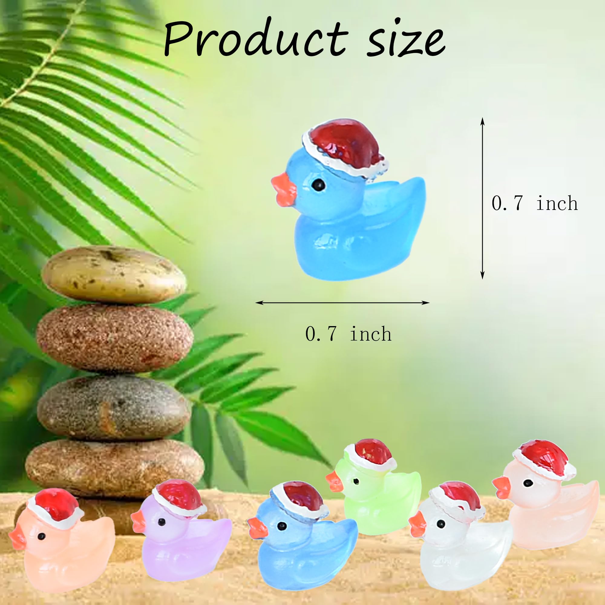 Tindobewan 50 PCS Tiny Ducks Glow in The Dark Mini Resin Ducks Miniature Christmas Hat Duck Figures Ornament for Xmas, Craft, Dollhouse, Slime, Home Decorations(10 Colors)