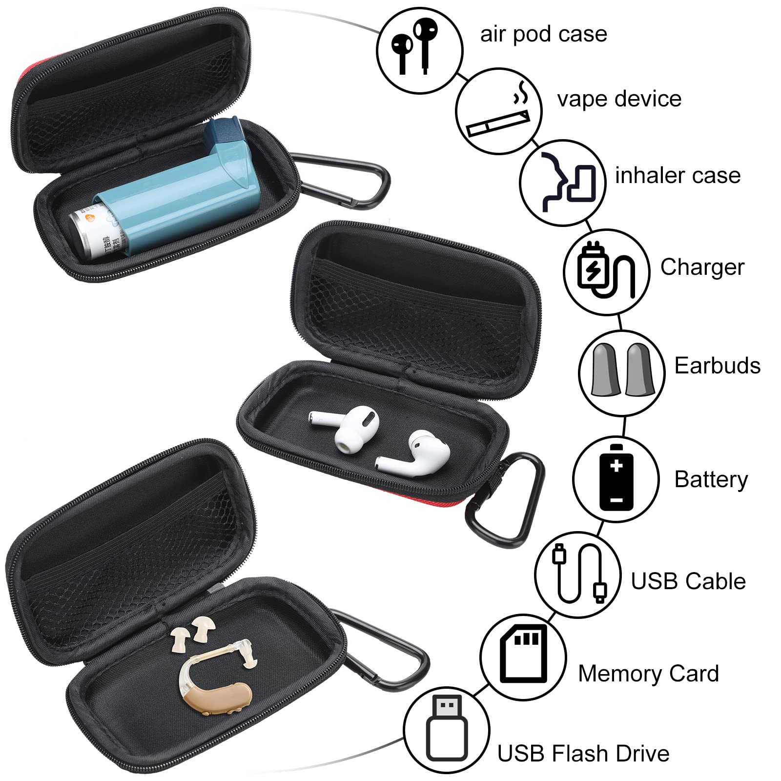 Woanger 4 Pcs Hearing Aid Case Hard Asthma Inhaler Holder Travel Hearing Aid Case Earbud Portable Zipper Carry Holder with Mesh Pocket for Inhaler Carrying Aid Other Accessories from Dust and Dirt