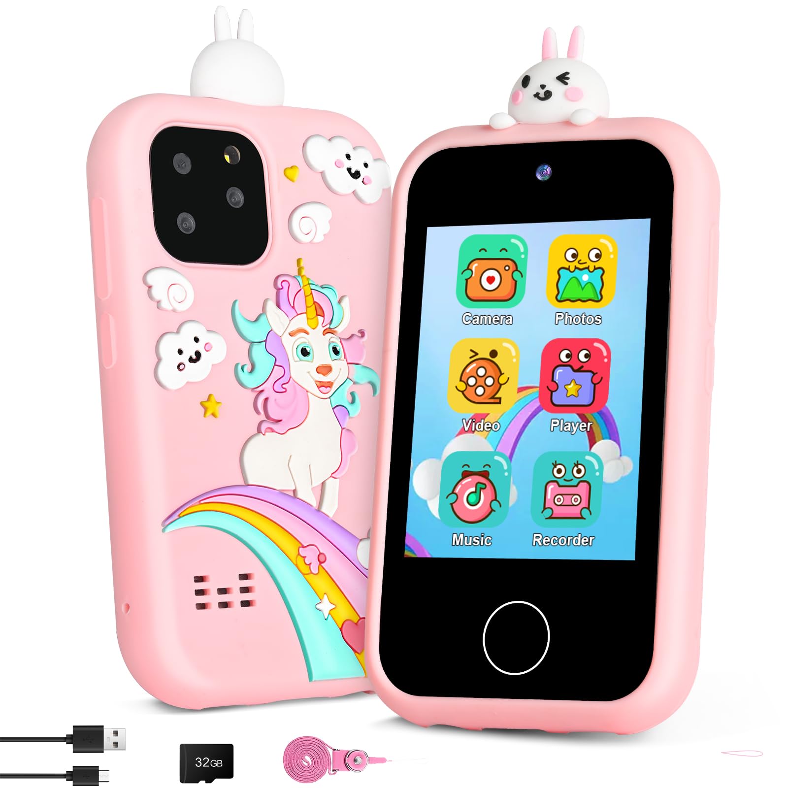 Bunyta Unicorn Kids Smart Phone - 2.8 Inch Touchscreen, Dual Camera, Music Player, Puzzle Games, Learning Toys, Birthday for Girls 3-10, 32GB SD Card (Pink)