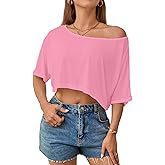 JDEEO Women's Sheer Mesh Off Shoulder Crop Top See Through Short Sleeve Loose Fit Summer Tee Shirt for Beach Cover up