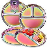 Bakpoco 9" Stainless Steel Toddler Plates Set of 4, Divided Plate for Kids & Baby, Non Toxic Unbreakable Dishes Dinnerware Adults Portion Control Snack Container, Colorful Meal Time Chums