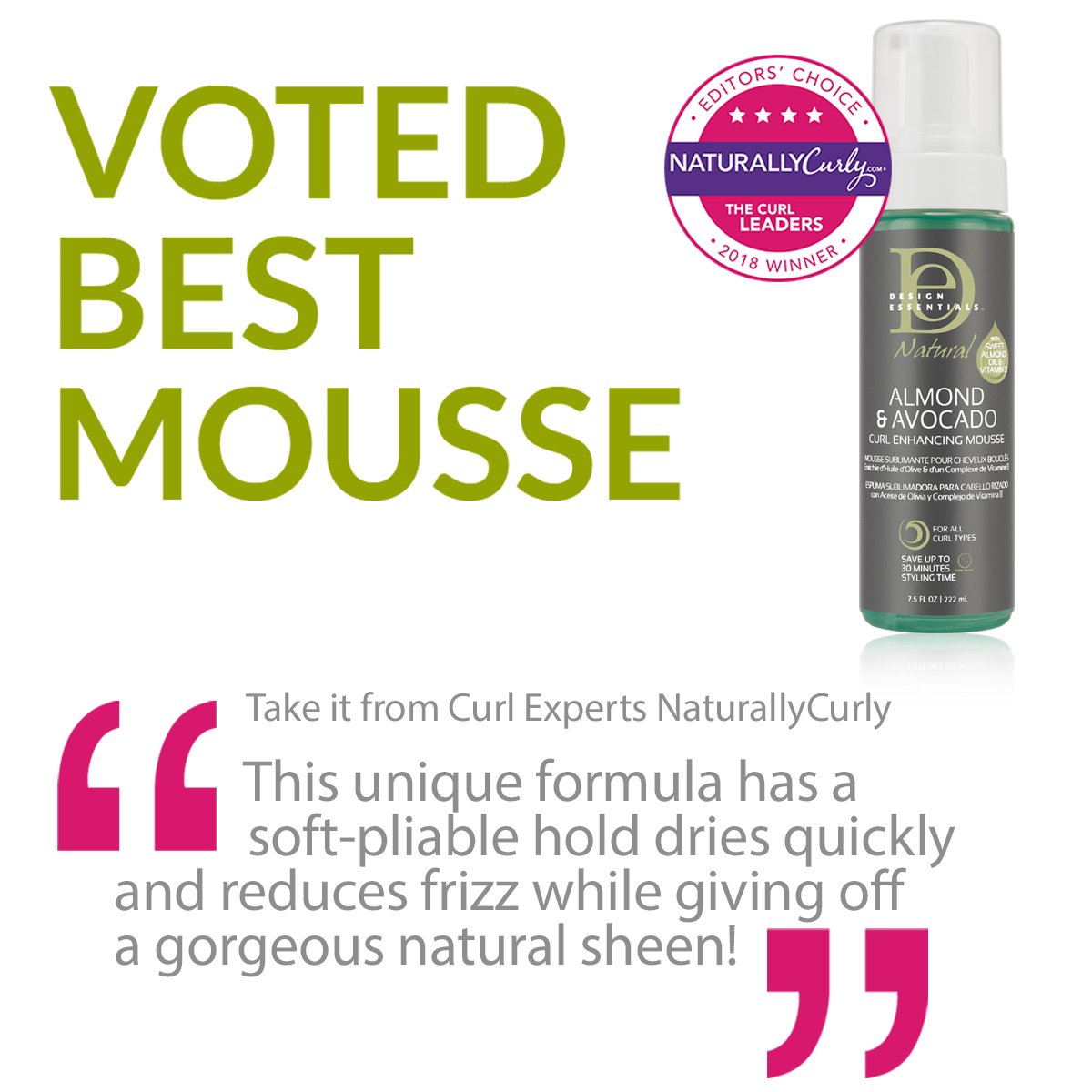 Design Essentials Natural Curl Enhancing Mousse, Quick Drying Must-Have for Perfectly Defined Luminous Curls-Almond & Avocado Collection, 7.5 Fl Oz: Beauty