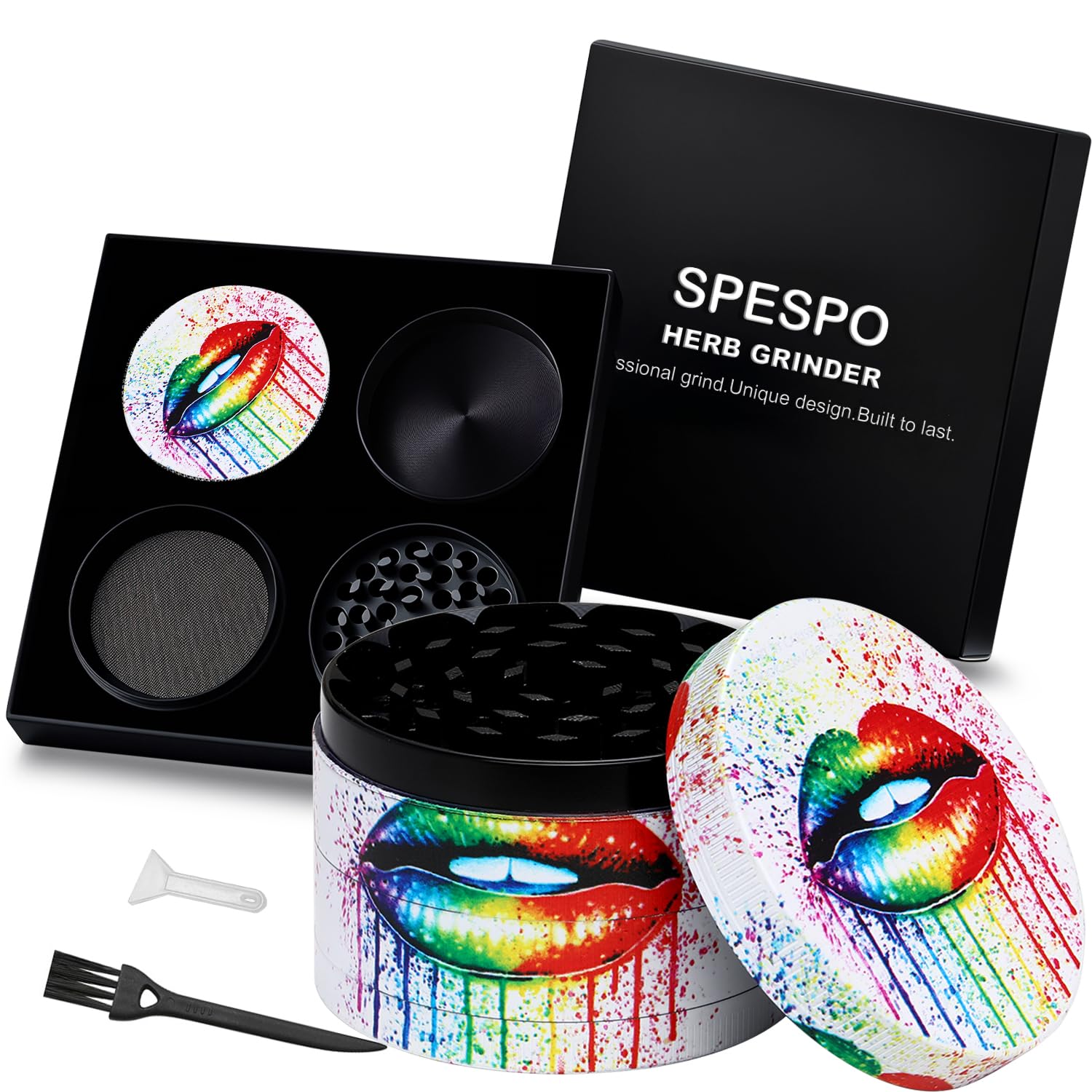 Spespo Herb Grinders, Large Spice Grinder 63mm(2.5 inch),4 Layers Full Color Painting with Pollen Scraper (Lip Design)