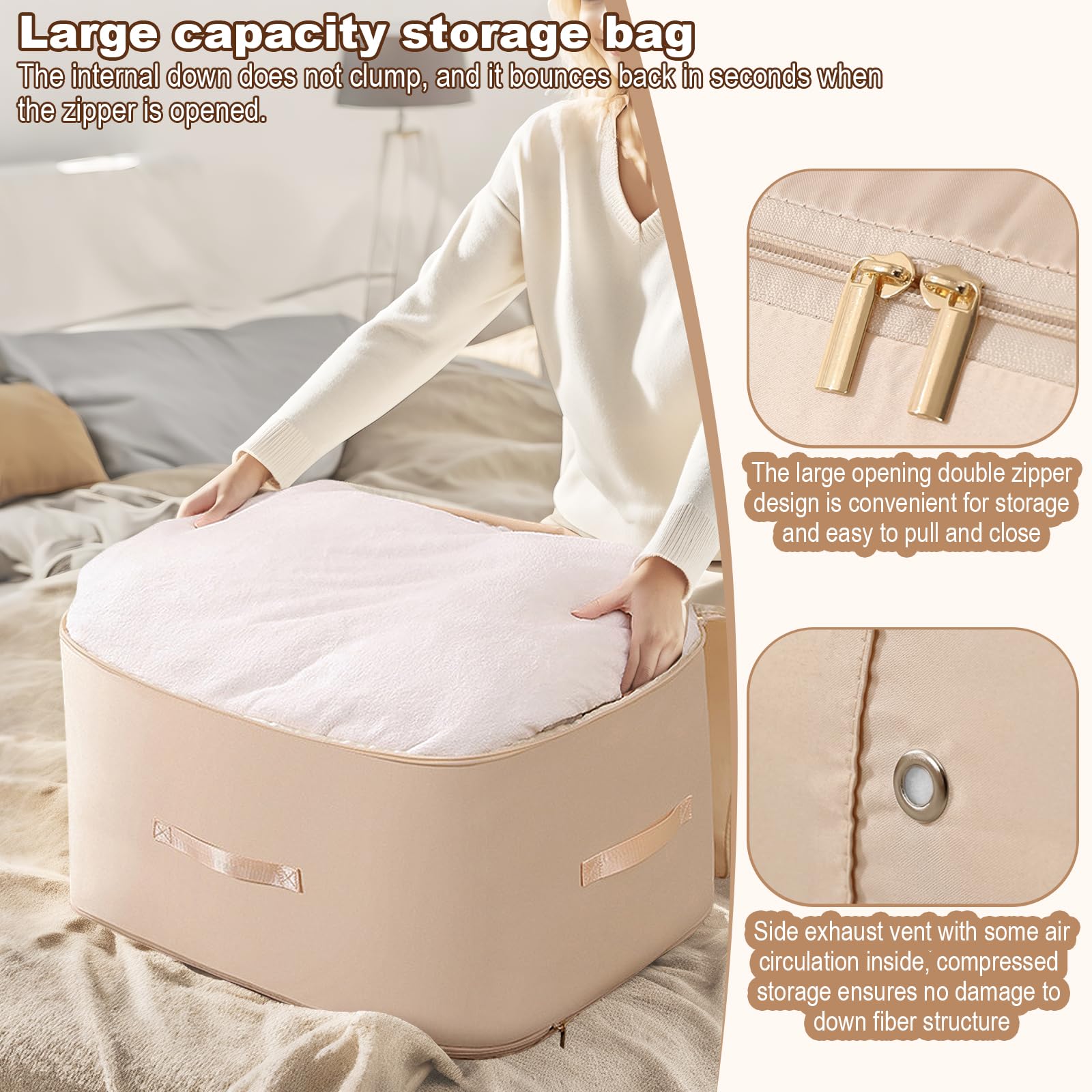 Ultra Space Saving Compression Organizer, Compression Storage Bag For Blankets Clothes Comforter, Storage Tote For Space Saving, Heavy Duty Moving Bag, Storage Bag Organizer For Bedding (Almond)