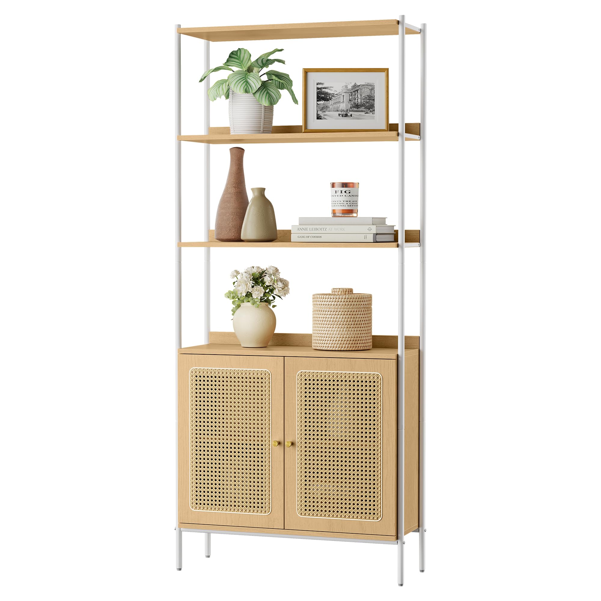 VASAGLE 6-Tier Bookcase, Bookshelf with Rattan-Like Door, Boho Style, Freestanding 30.1-Inch Wide Storage Shelf, Metal Frame, Adjustable Shelf, for Living Room, Oak Beige and Pearl White ULLS124W57